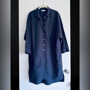 Toast Navy Linen Blend Loose Button-Up Shirt Dress